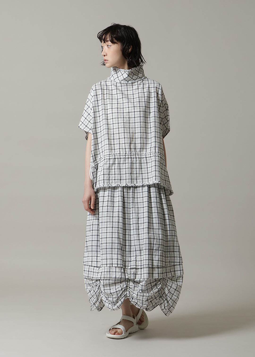 Yui High Neck Tops 56s check Khadi