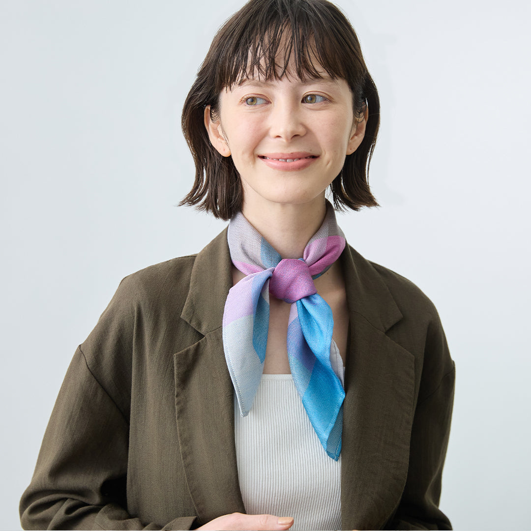 Block Check Silk Scarf with Ring