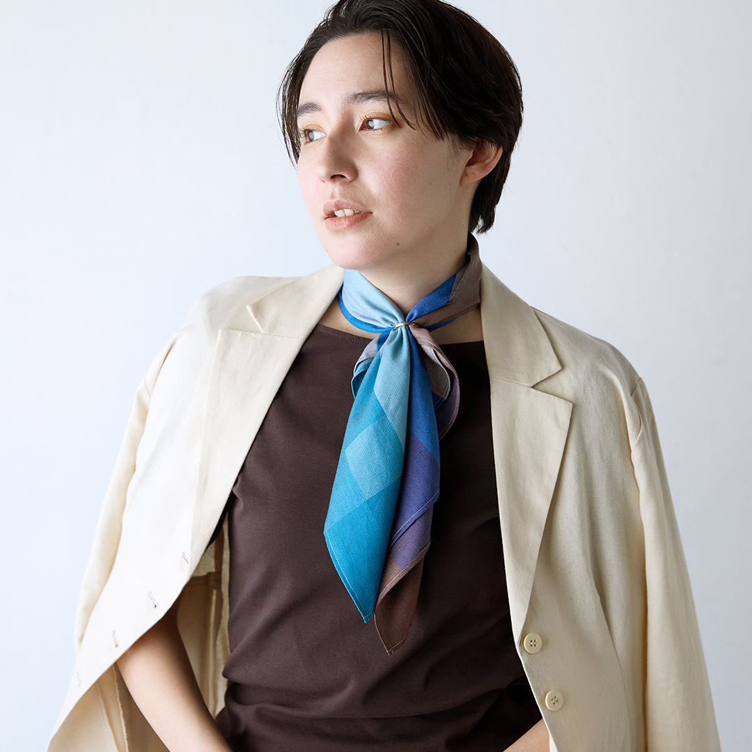 Block Check Silk Scarf with Ring